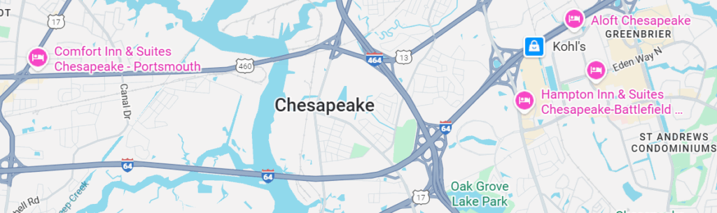 Map of Chesapeake, VA highlighting major roads and surrounding areas.