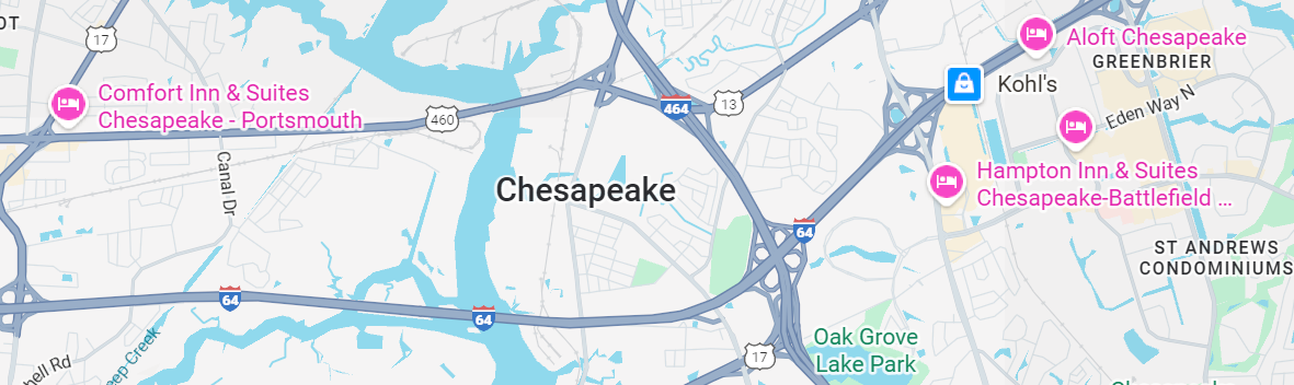 Map of Chesapeake, VA highlighting major roads and surrounding areas.