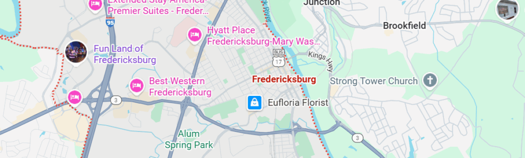 Map of Fredericksburg, VA showing historical sites and the Rappahannock River.