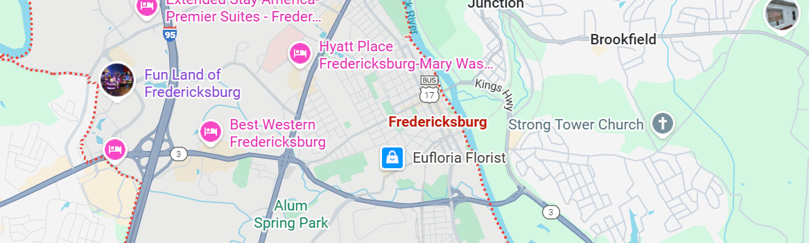 Map of Fredericksburg, VA showing historical sites and the Rappahannock River.