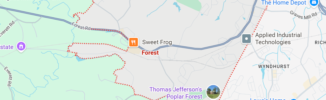 Map of Forest, VA with labels for local landmarks and Thomas Jefferson’s Poplar Forest.